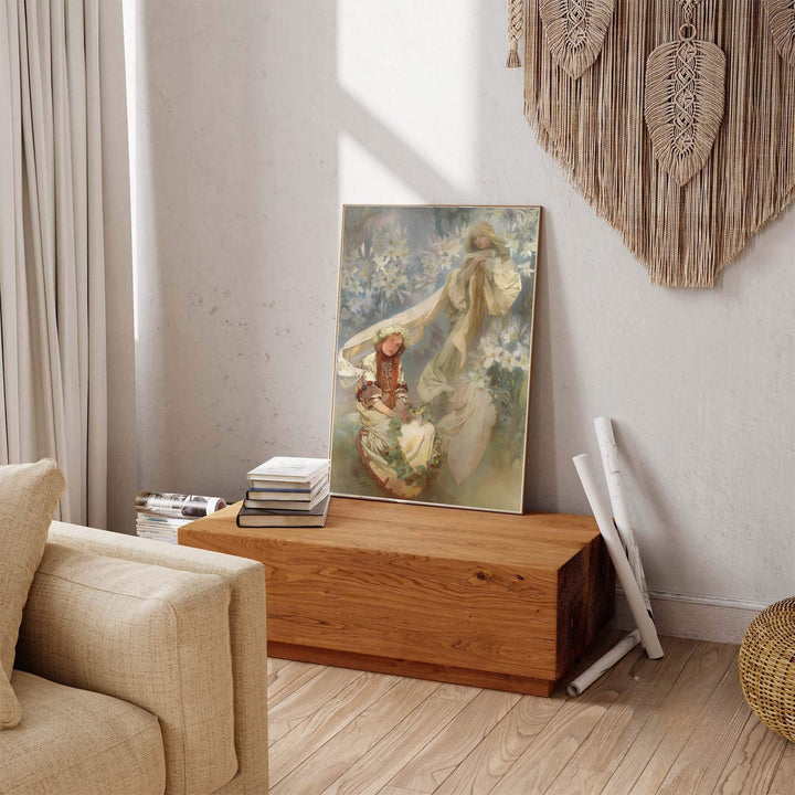 Vintage European religious portrait art showing Madonna Of The Lilies print by artist Alphonse Mucha inspired by vintage travel art in Prague Bohemia. Explore ready-to-hang framed, unframed paper, and gallery canvas wall decor at MapYourDreams.