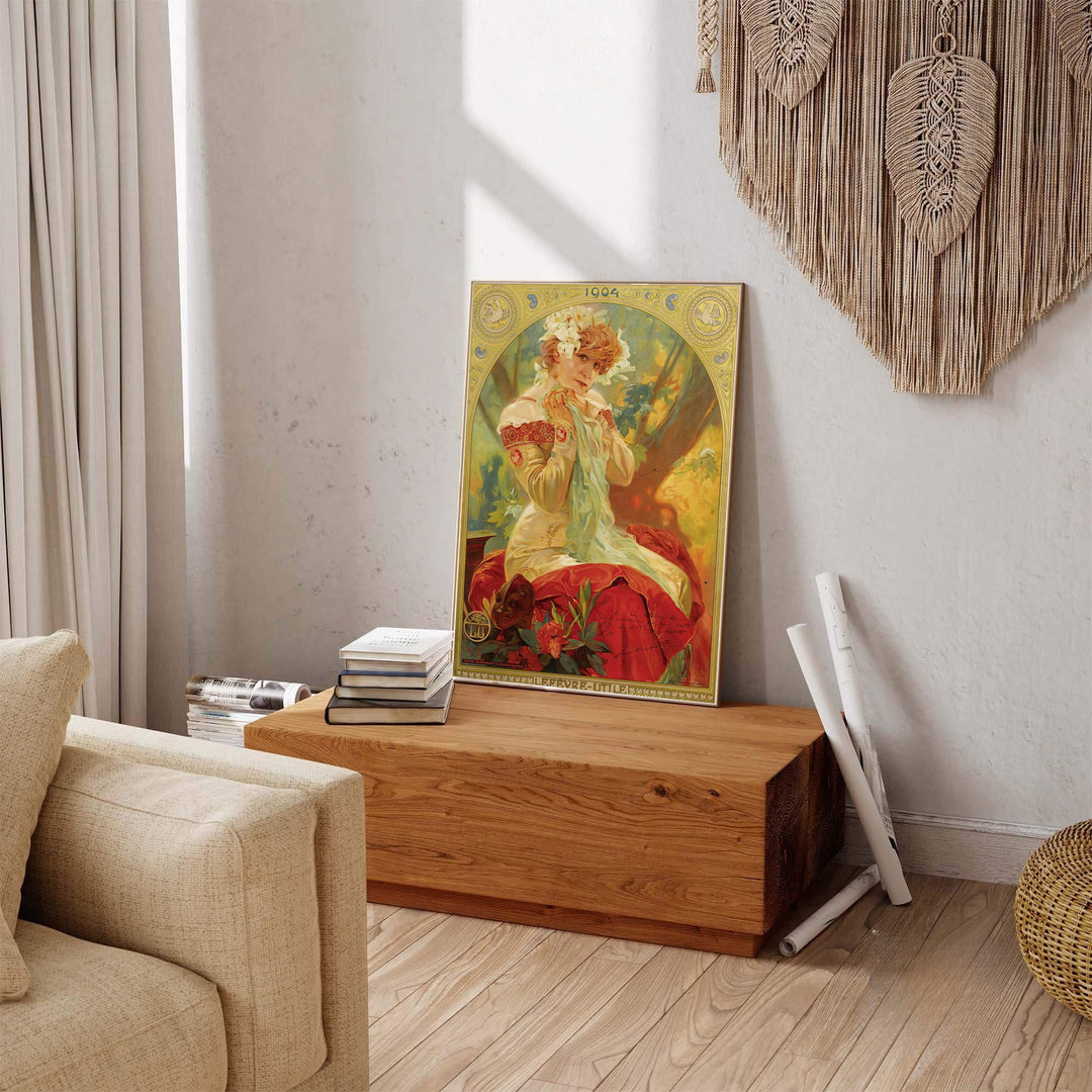French vintage travel poster style art of Sarah Bernhardt by Alphonse Mucha set in Paris France, providing options for unframed fine art paper, gallery canvas, or custom framed wall decor at MapYourDreams.