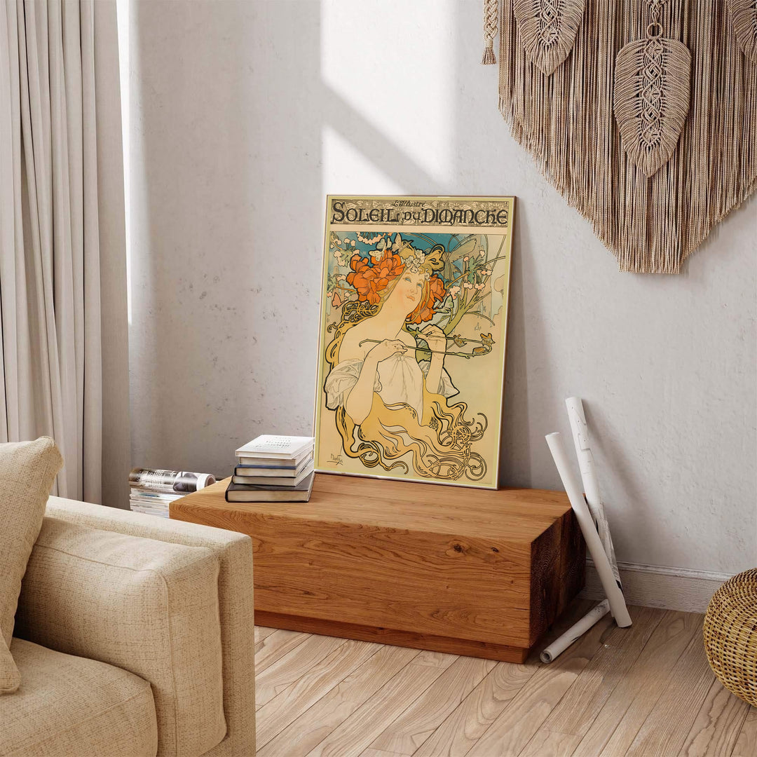Traditional French illustration print Soleil Du Dimanche by artist Alphonse Mucha displaying detailed hair swirls set in Paris. MapYourDreams provides premium framed, unframed, and canvas prints.