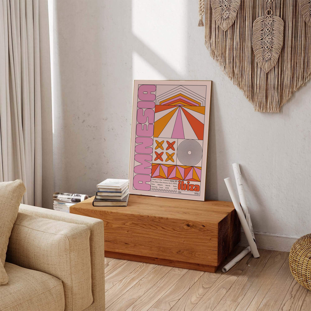 Nostalgic dance venue print of Amnesia Ibiza rendered in rich 70s earthy tones and bold abstract geometry, produced by MapYourDreams with available product options including fine art unframed paper, stretched canvas, or custom framed decor to elevate living room gallery arrangements.