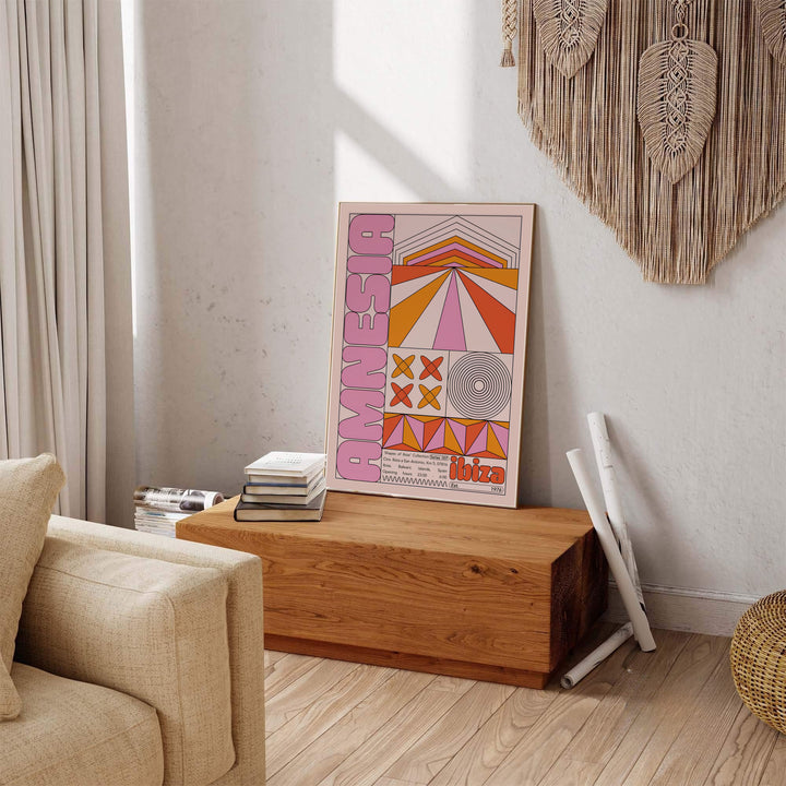 Nostalgic dance venue print of Amnesia Ibiza rendered in rich 70s earthy tones and bold abstract geometry, produced by MapYourDreams with available product options including fine art unframed paper, stretched canvas, or custom framed decor to elevate living room gallery arrangements.