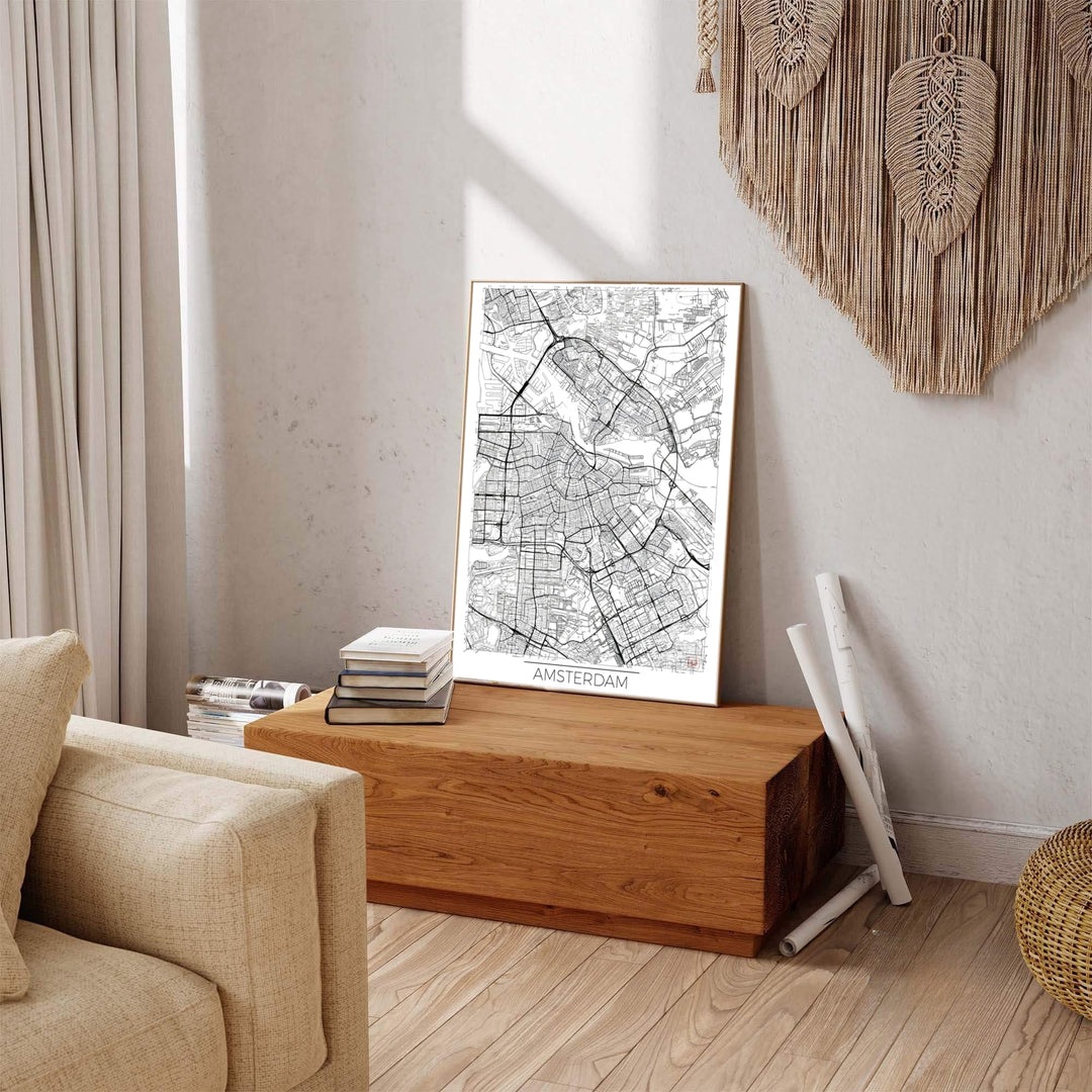 Minimalist travel decor print of Amsterdam street lines and road arteries, produced by MapYourDreams and available in three distinct formats: fine art unframed paper, stretched canvas, or custom framed decor options to complement modern, Scandinavian, or industrial aesthetics.