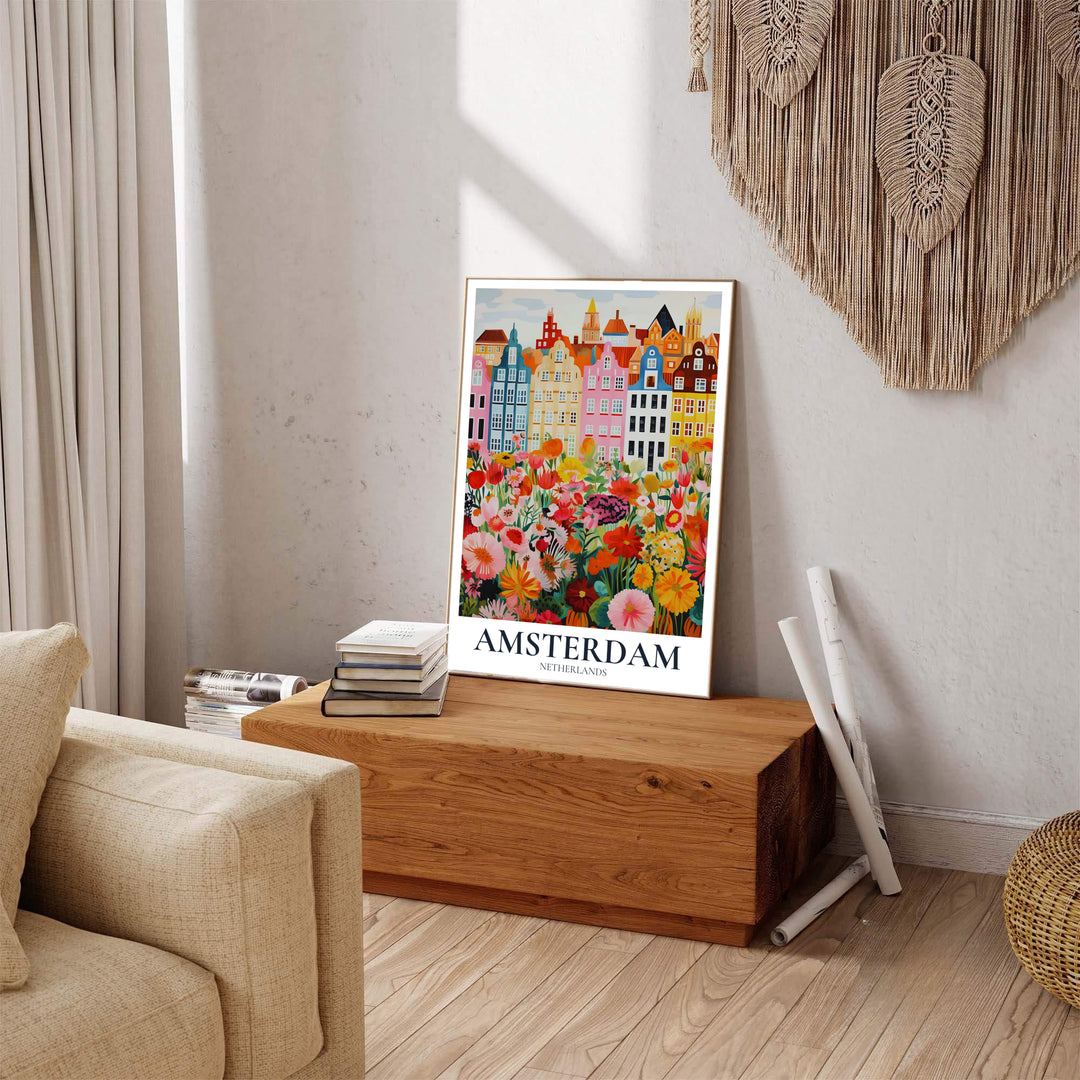 Whimsical travel decor print of Amsterdam canal buildings and wildflower blossoms, produced by MapYourDreams and available in three distinct formats: fine art unframed paper, stretched canvas, or custom framed decor options to complement colorful, Scandinavian, or vintage aesthetics.