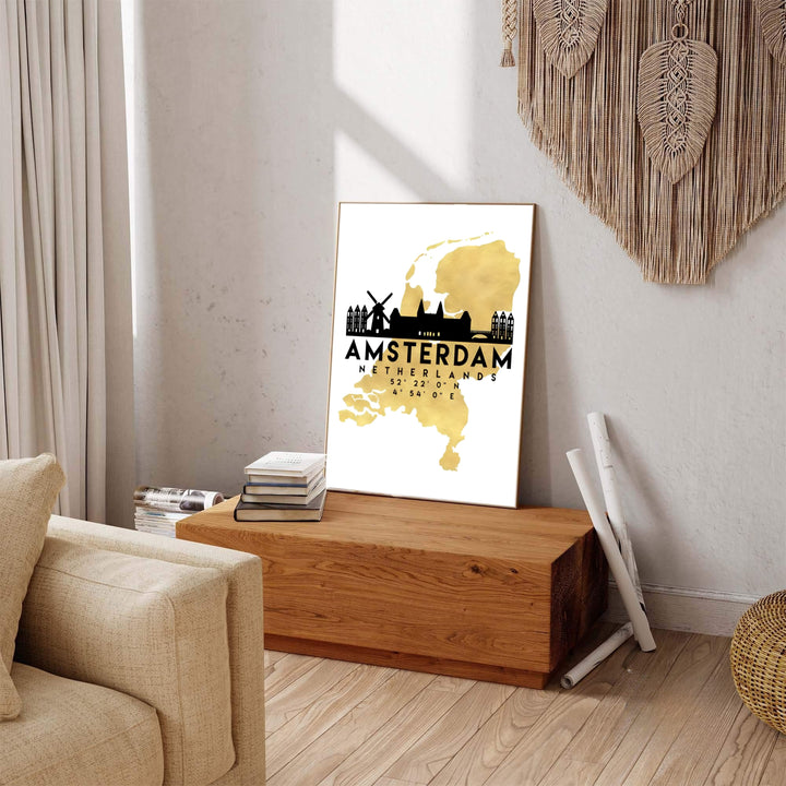 Glamorous travel decor print of the Netherlands map and Amsterdam city skyline in metallic gold and black, produced by MapYourDreams and available in three distinct formats: fine art unframed paper, stretched canvas, or custom framed decor options to complement luxury modern aesthetics.