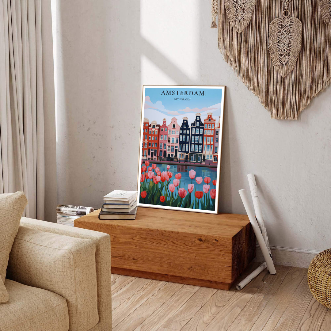 Bright travel decor print of Amsterdam canal waterways and historic Dutch architecture, produced by MapYourDreams and available in three distinct formats: fine art unframed paper, stretched canvas, or custom framed decor options to complement mid-century modern interiors.