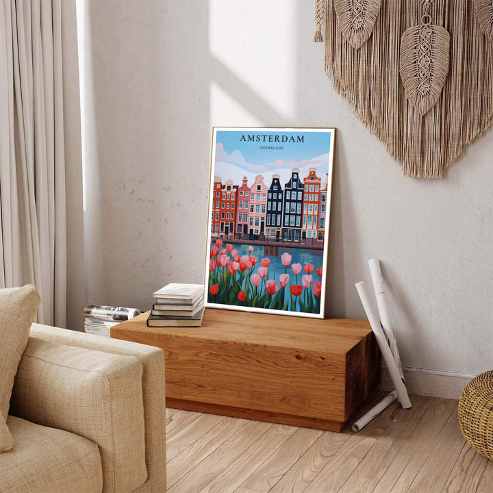 Bright travel decor print of Amsterdam canal waterways and historic Dutch architecture, produced by MapYourDreams and available in three distinct formats: fine art unframed paper, stretched canvas, or custom framed decor options to complement mid-century modern interiors.