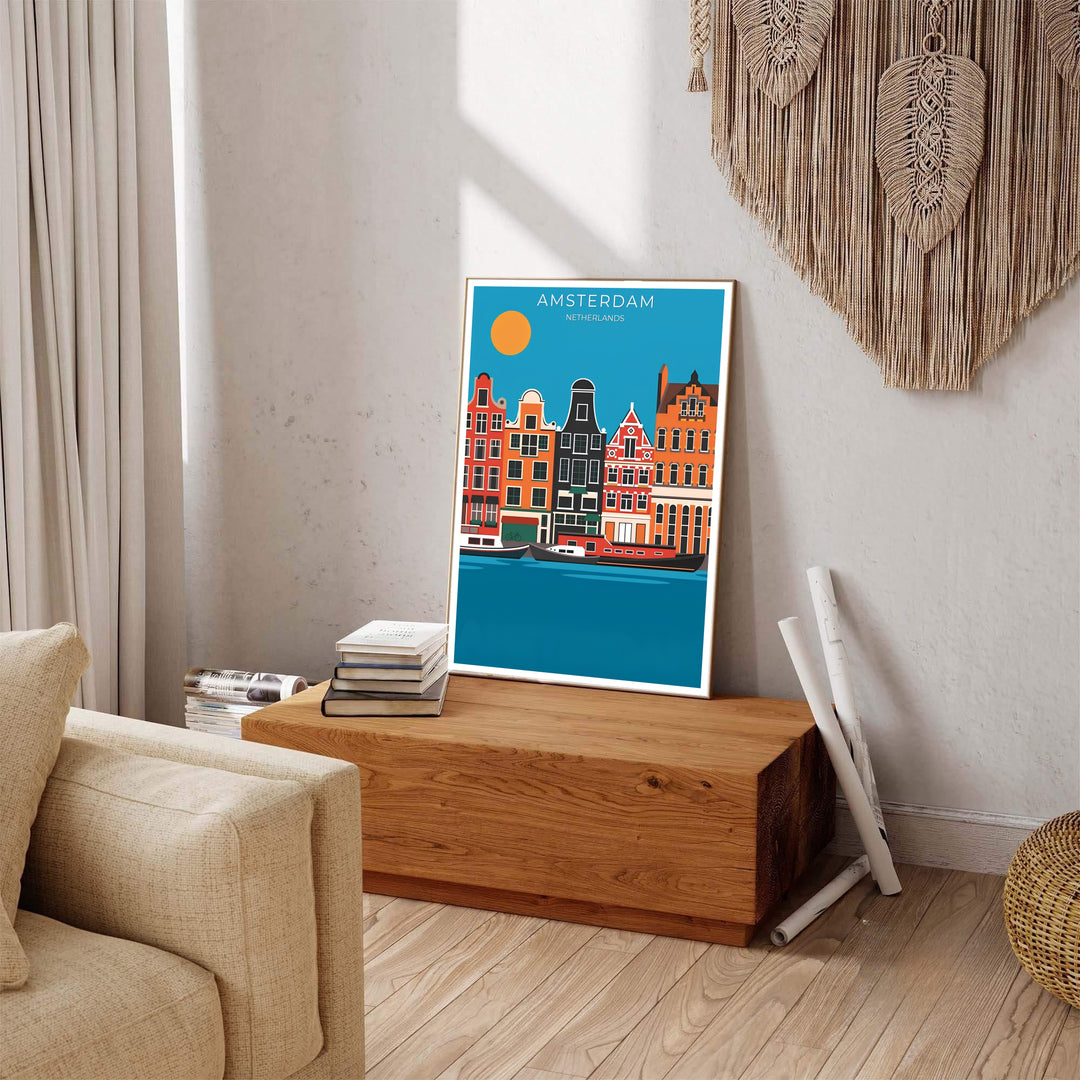 Graphic retro travel art poster featuring gabled facades and serene water reflections in Amsterdam, offered by MapYourDreams as an unframed poster, a gallery wrapped canvas, or within a selection of custom frames to create an eye-catching travel-inspired gallery wall feature.