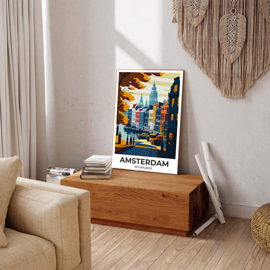 Vintage Dutch canal print of an Amsterdam streetscape rendered in rich mustard, teal, and navy screen-print tones, produced by MapYourDreams with available product options including fine art unframed paper, stretched canvas, or custom framed decor to suit cozy residential interiors.