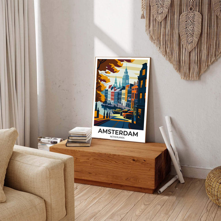 Vintage Dutch canal print of an Amsterdam streetscape rendered in rich mustard, teal, and navy screen-print tones, produced by MapYourDreams with available product options including fine art unframed paper, stretched canvas, or custom framed decor to suit cozy residential interiors.