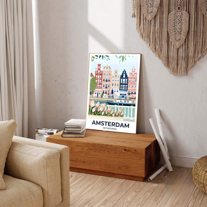 Graphic gouache floral travel poster featuring dusty rose facades, a classic blue bicycle, and pink tulips in Amsterdam, offered by MapYourDreams where you can select an unframed poster, a gallery wrapped canvas, or a custom frame option to build a charming travel wall art gallery feature.