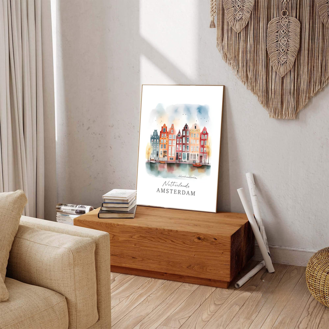Storybook Dutch canal print of an Amsterdam streetscape rendered in fluid watercolor brushwork, produced by MapYourDreams with available product options including fine art unframed paper, stretched canvas, or custom framed decor to suit warm, welcoming residential wall spaces.