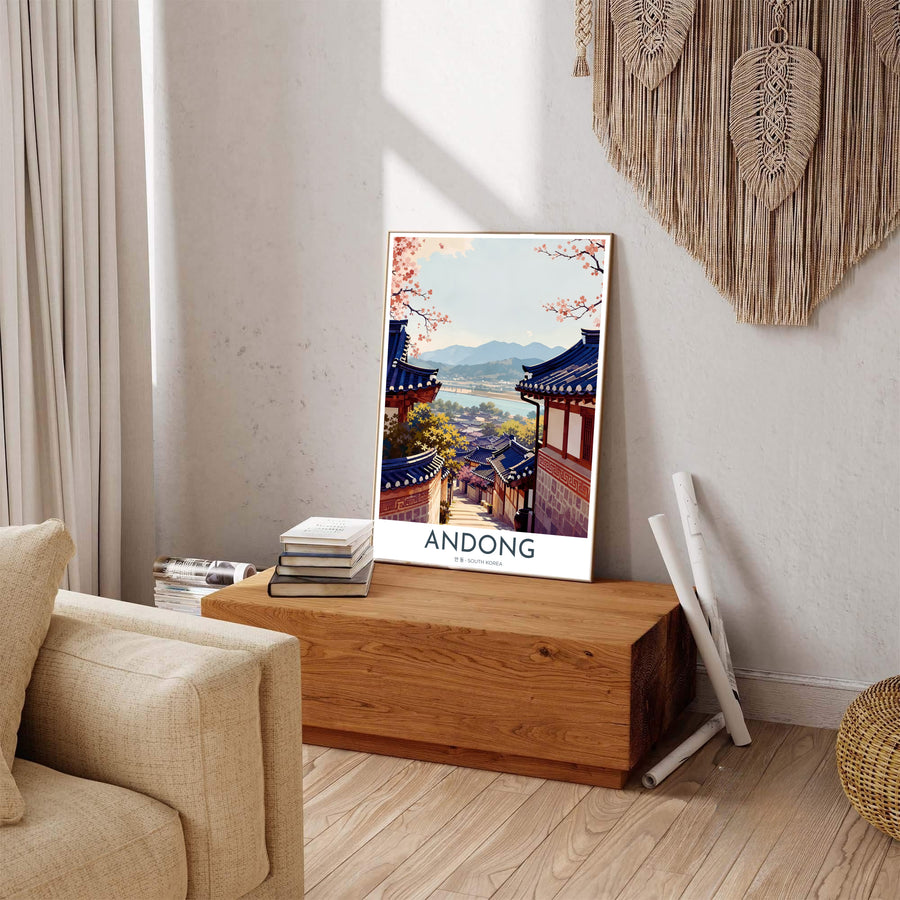 Andong South Korea wall decor presenting a hilltop view down a cobblestone alleyway in Hahoe Folk Village flanked by traditional Hanok homes and stone walls. Offered by MapYourDreams, this artwork is available in flexible options including unframed paper, custom wooden frames, and gallery canvas wraps.