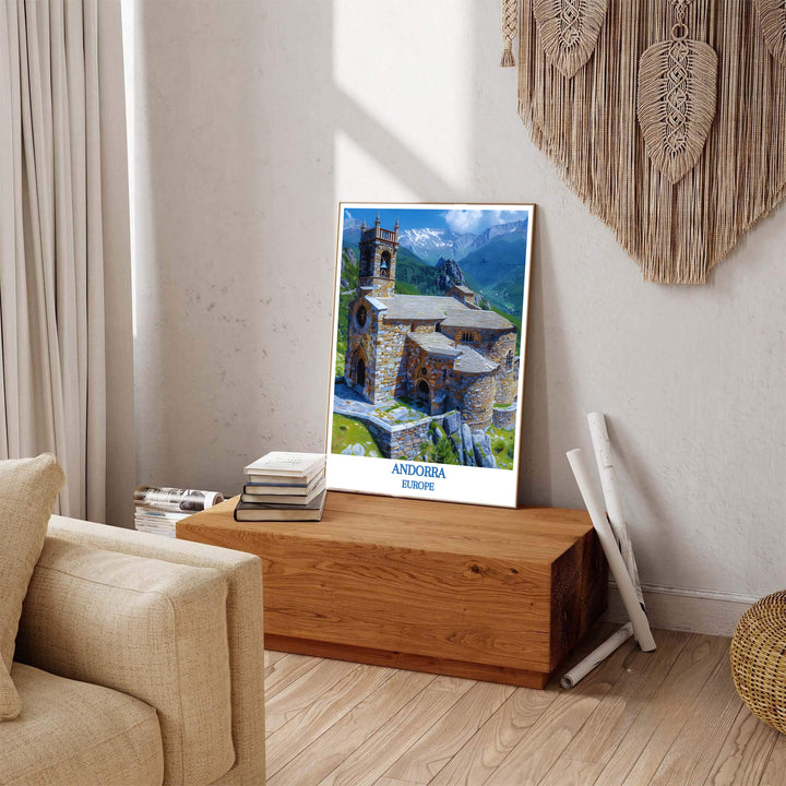 Illustrative vintage travel poster style with rich alpine colors shines in this Sant Joan de Caselles Church Andorra print. MapYourDreams presents professional framed, unframed, and canvas options for home decor.