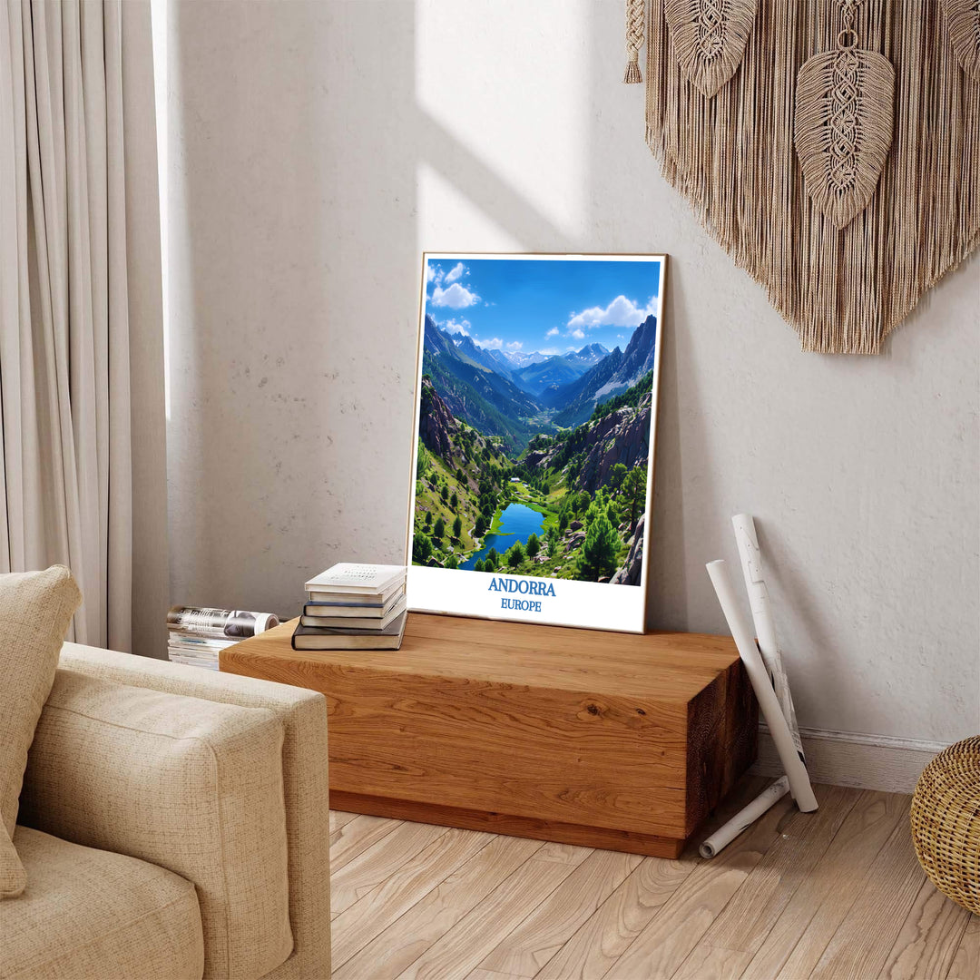 Illustrative vintage travel poster style with rich alpine color tones shines in this Valley of Madriu-Perafita-Claror Andorra print. MapYourDreams presents framed, unframed, and canvas options for home decor.