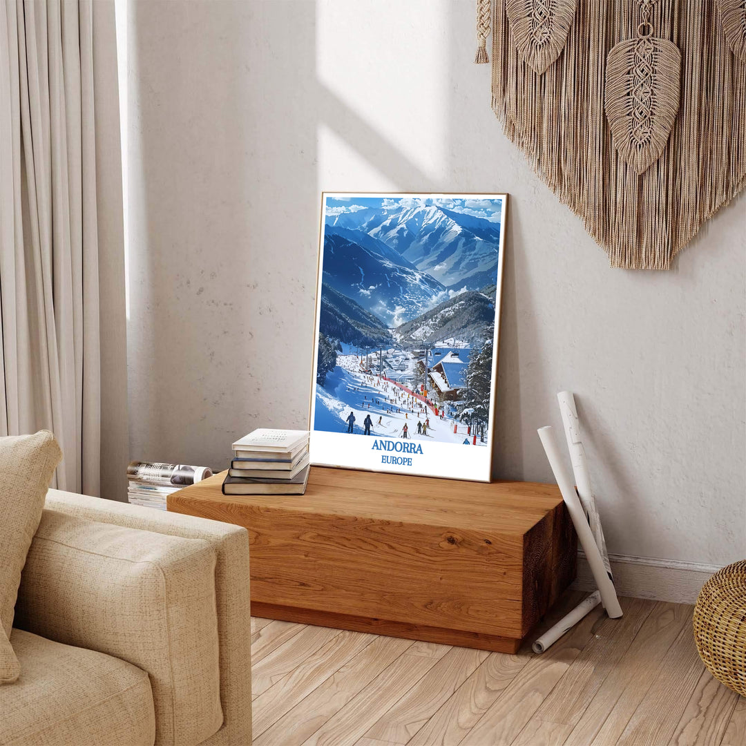 Vintage travel poster style with crisp winter color tones shines in this Vallnord Ski Resort Andorra print. MapYourDreams presents quality framed, unframed, and canvas options for lodge home decor.