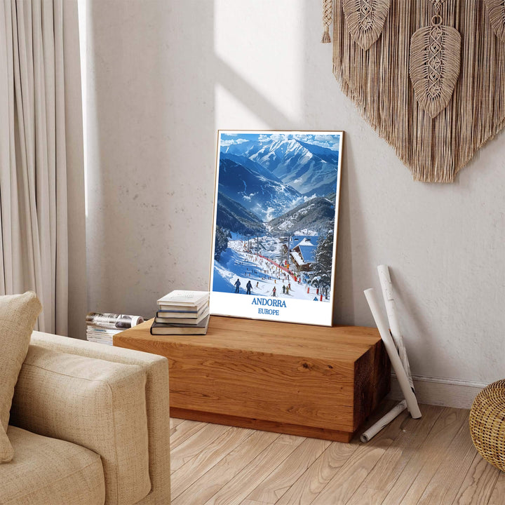 Vintage travel poster style with crisp winter color tones shines in this Vallnord Ski Resort Andorra print. MapYourDreams presents quality framed, unframed, and canvas options for lodge home decor.
