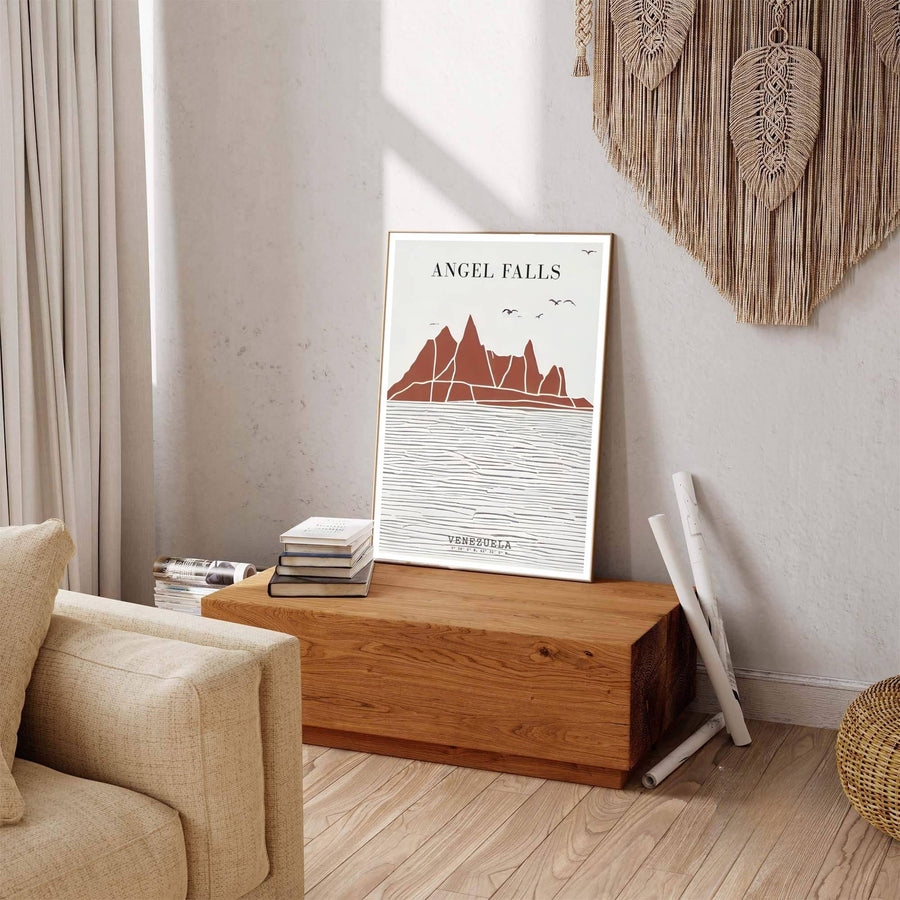 Beautiful South American landmark wall decor displaying the terracotta tepui rocks and grey water textures of Angel Falls. Available through MapYourDreams, this print accommodates various display preferences, including unframed art paper, framed prints, or canvas wraps.
