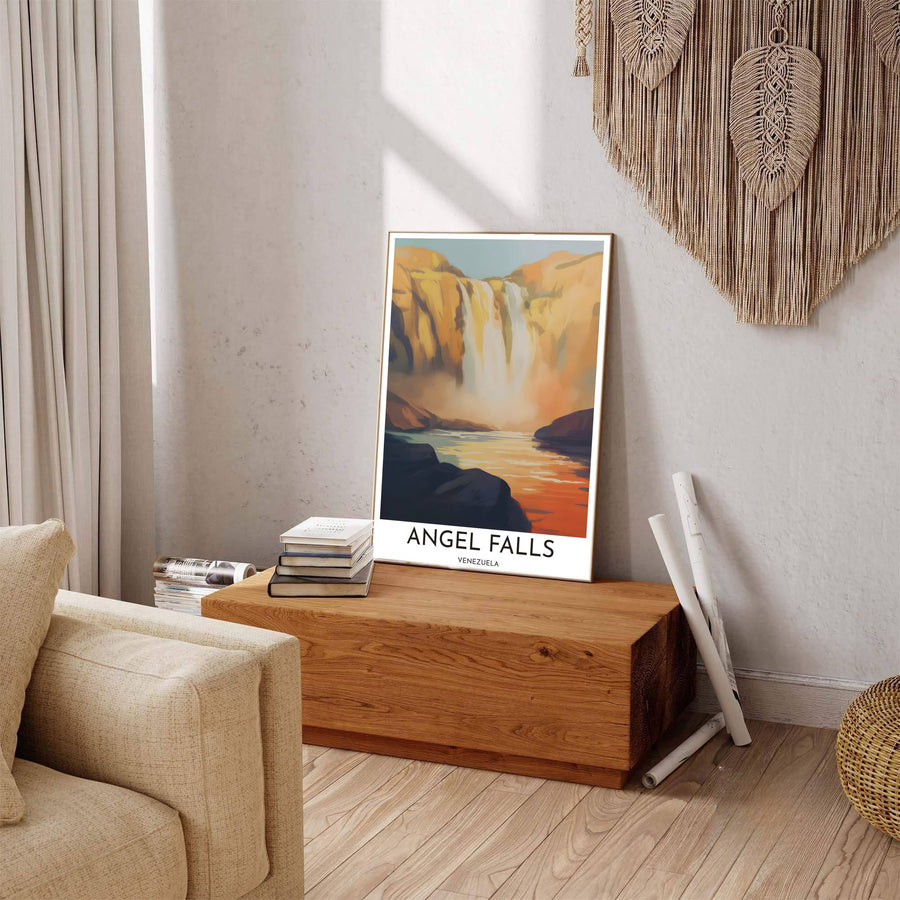 Beautiful South American landmark wall decor displaying the golden sandstone cliffs and copper water reflections of Angel Falls. Available through MapYourDreams, this print accommodates various display preferences, including unframed art paper, framed prints, or canvas wraps.