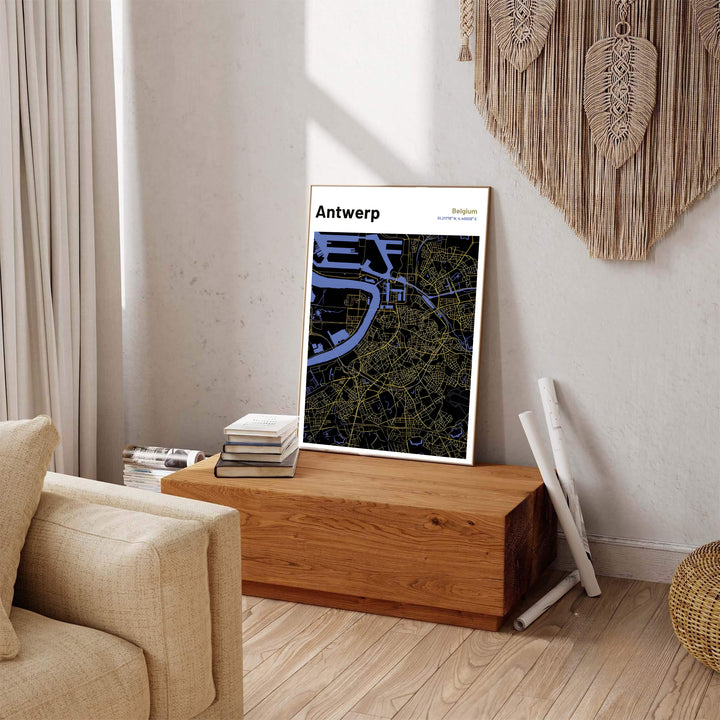 A minimalist city map poster of Antwerp, Belgium, complete with top header typography and intricate urban road networks in metallic gold tones. Available across multiple options including unframed art paper, custom framed poster styles, and gallery canvas wall displays.