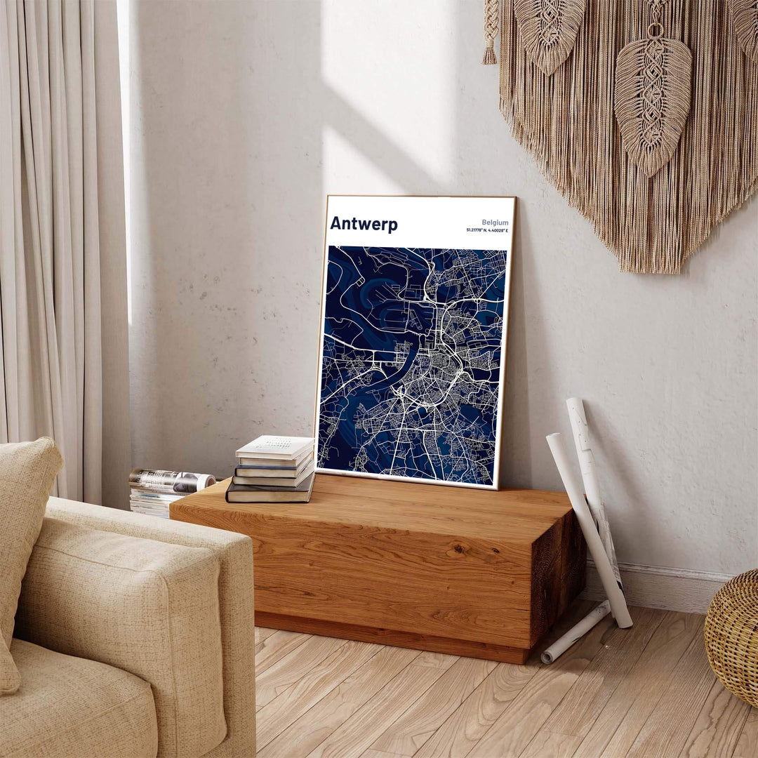 A minimalist city map poster of Antwerp, Belgium, complete with top header text, coordinates, and intricate road networks in white on blue. Available across multiple options including unframed art paper, custom framed poster styles, and gallery canvas wall displays.