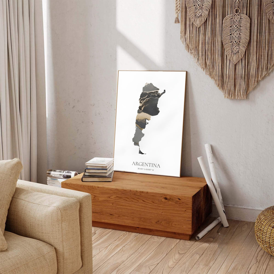 Elegant Argentina map poster with black and gold abstract visual design on archival quality professional paper. Offered by MapYourDreams, this artwork is available in flexible options including unframed paper, custom wooden frames, and gallery canvas wraps for Scandinavian-style decor.