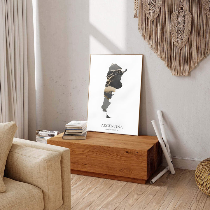Elegant Argentina map poster with black and gold abstract visual design on archival quality professional paper. Offered by MapYourDreams, this artwork is available in flexible options including unframed paper, custom wooden frames, and gallery canvas wraps for Scandinavian-style decor.