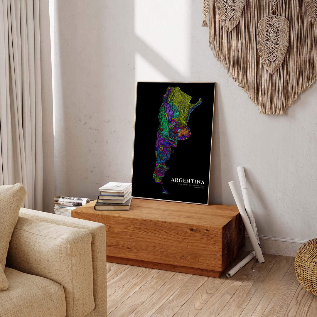 Minimalist dark background Argentina map art displaying colorful river channels and alpine watershed drainage routes. Available through MapYourDreams, this print accommodates various display preferences, including unframed art paper, framed prints, or stretched canvas wraps.