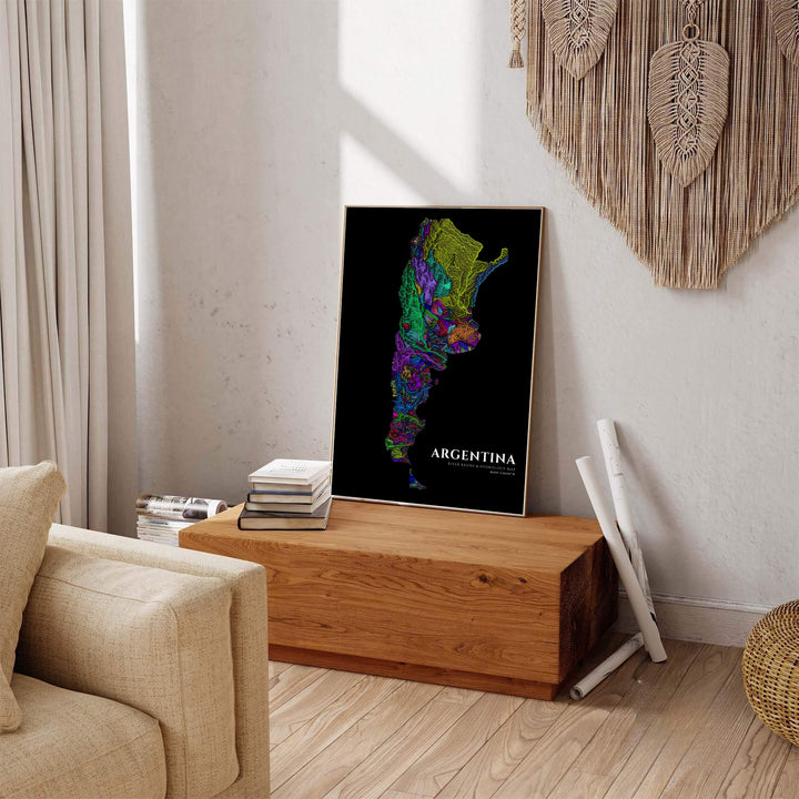 Minimalist dark background Argentina map art displaying colorful river channels and alpine watershed drainage routes. Available through MapYourDreams, this print accommodates various display preferences, including unframed art paper, framed prints, or stretched canvas wraps.