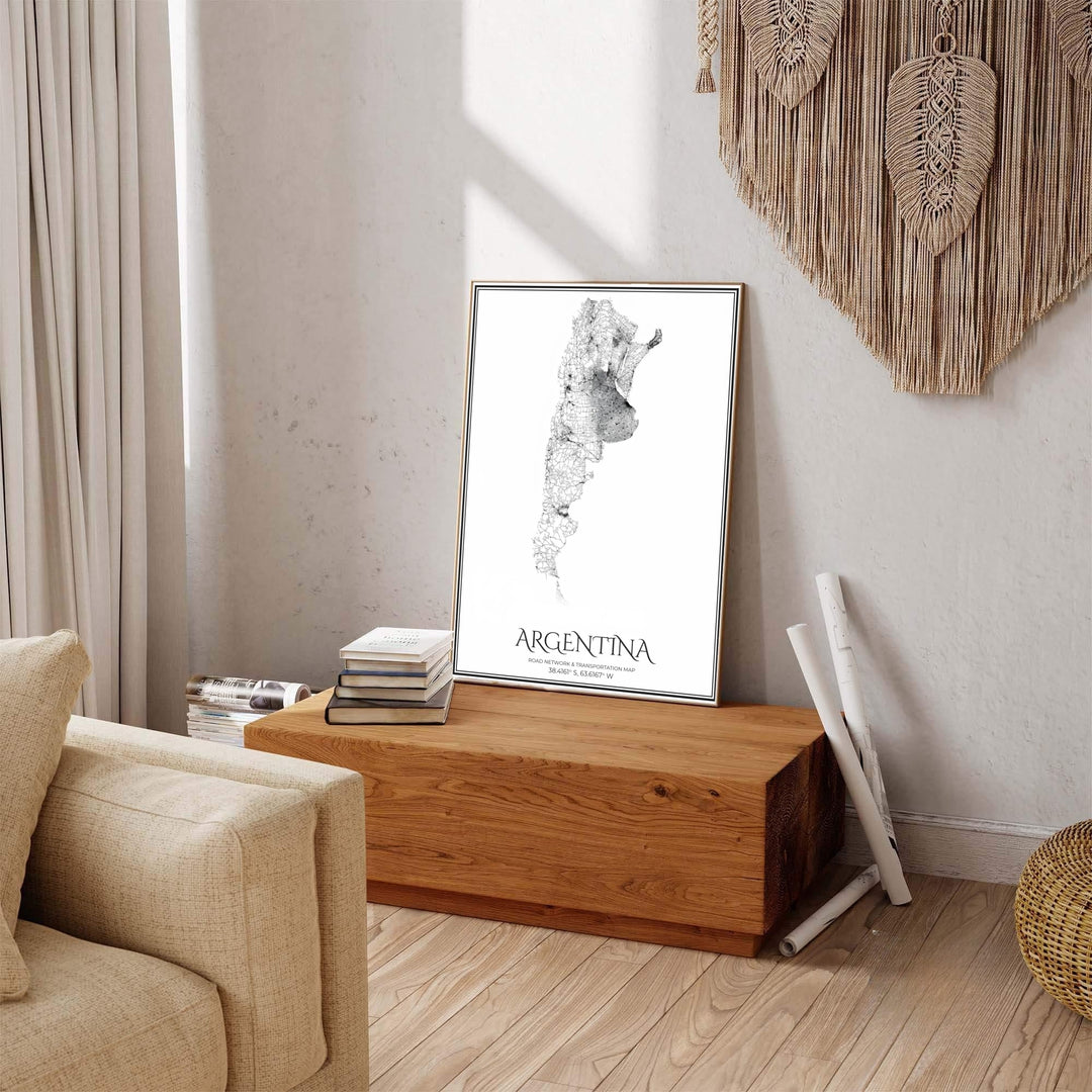 Fine line black and white Argentina road map poster with a double border frame design printed on archival matte art paper. Available through MapYourDreams, this print accommodates various display preferences, including unframed art paper, framed prints, or stretched canvas wraps.
