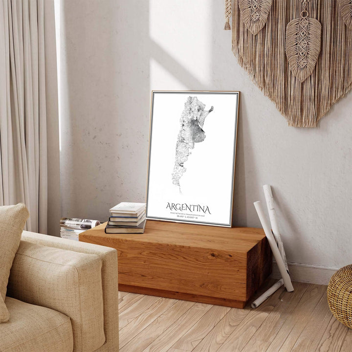 Fine line black and white Argentina road map poster with a double border frame design printed on archival matte art paper. Available through MapYourDreams, this print accommodates various display preferences, including unframed art paper, framed prints, or stretched canvas wraps.