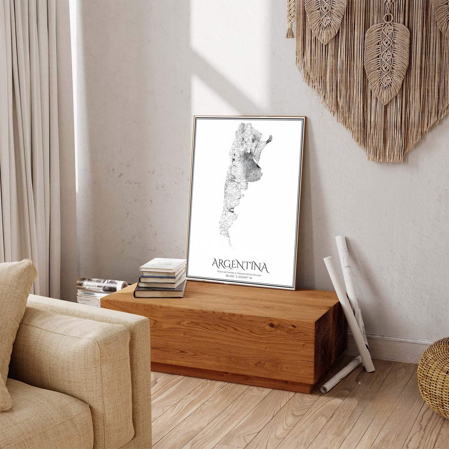 Fine line black and white Argentina road map poster with a double border frame design printed on archival matte art paper. Available through MapYourDreams, this print accommodates various display preferences, including unframed art paper, framed prints, or stretched canvas wraps.