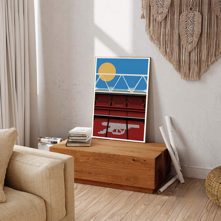 High-definition graphic vector print of Emirates Stadium featuring bright cherry red stadium seating, white cannon symbol, and open roof view. Available from MapYourDreams, this fine print comes in sleek framed styles, archival unframed prints, and stretched canvas options.