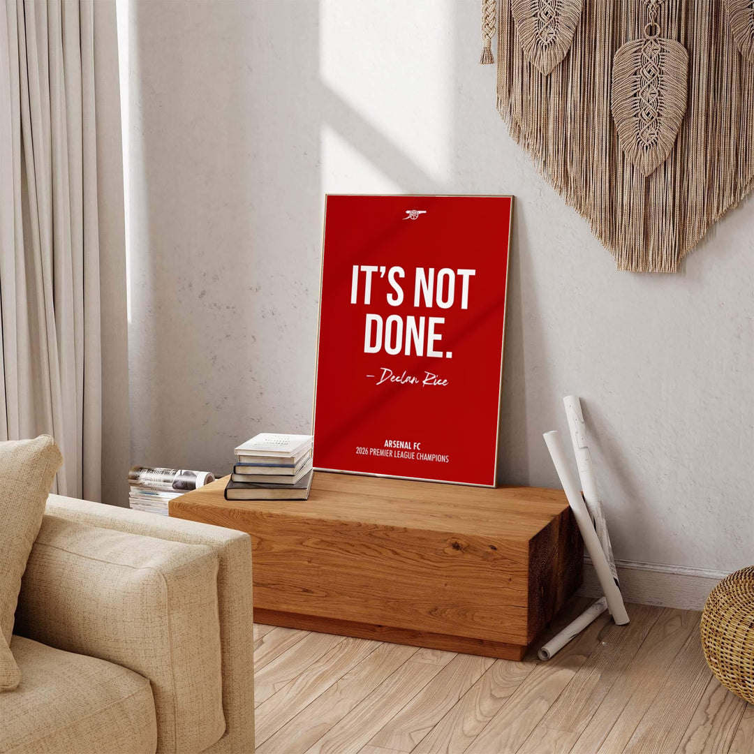 Premier League champion quote poster print featuring Declan Rice signature and Arsenal text at Emirates Stadium, available as unframed prints, framed options, or canvas for modern interior display.