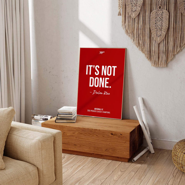 Premier League champion quote poster print featuring Declan Rice signature and Arsenal text at Emirates Stadium, available as unframed prints, framed options, or canvas for modern interior display.