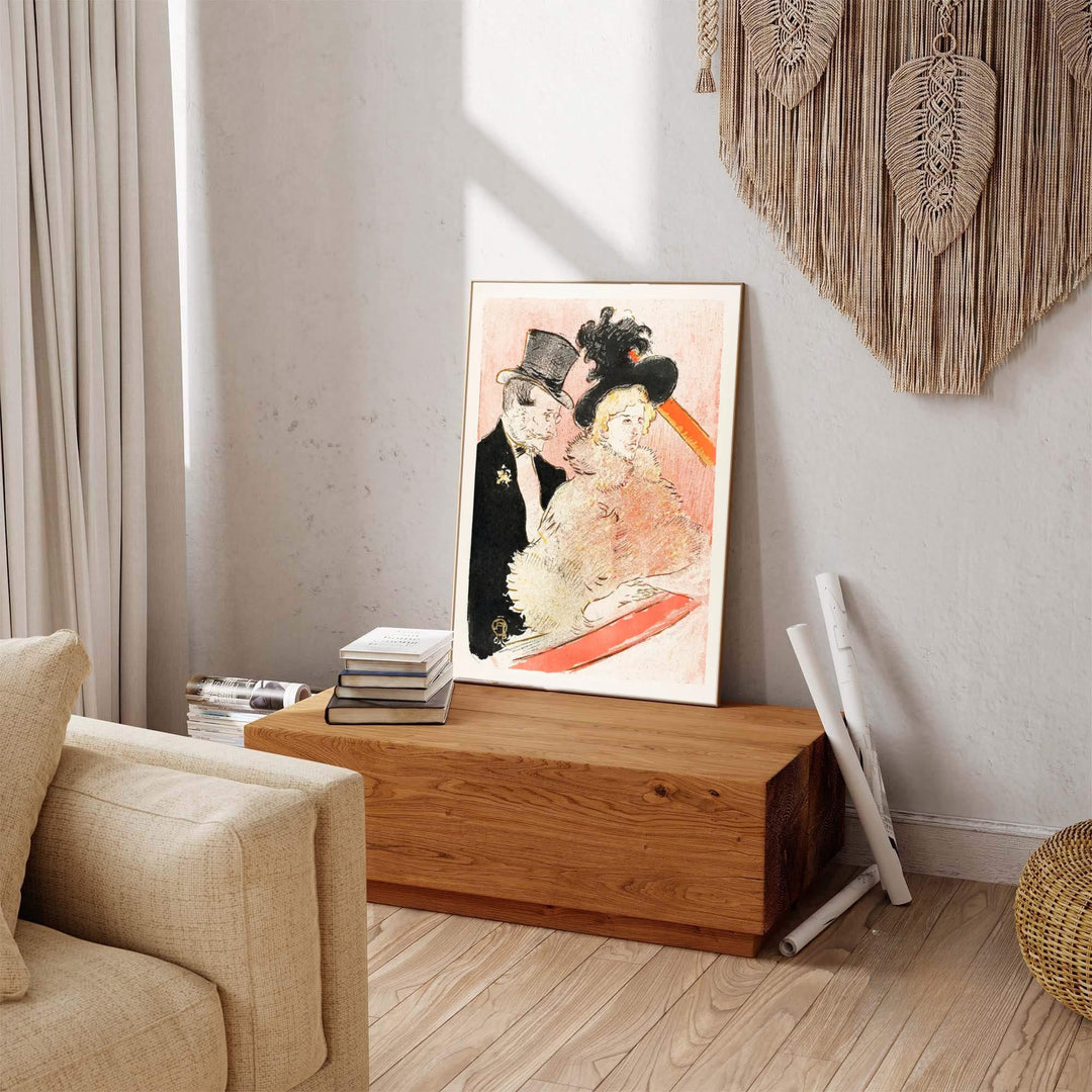 Fine art theater print of At The Concert (1896), Henri de Toulouse-Lautrec featuring soft rose and yellow hues set in a venue in Paris, France. MapYourDreams provides premium framed prints, unframed paper wall decor, and stretched canvas prints for living rooms and office spaces.