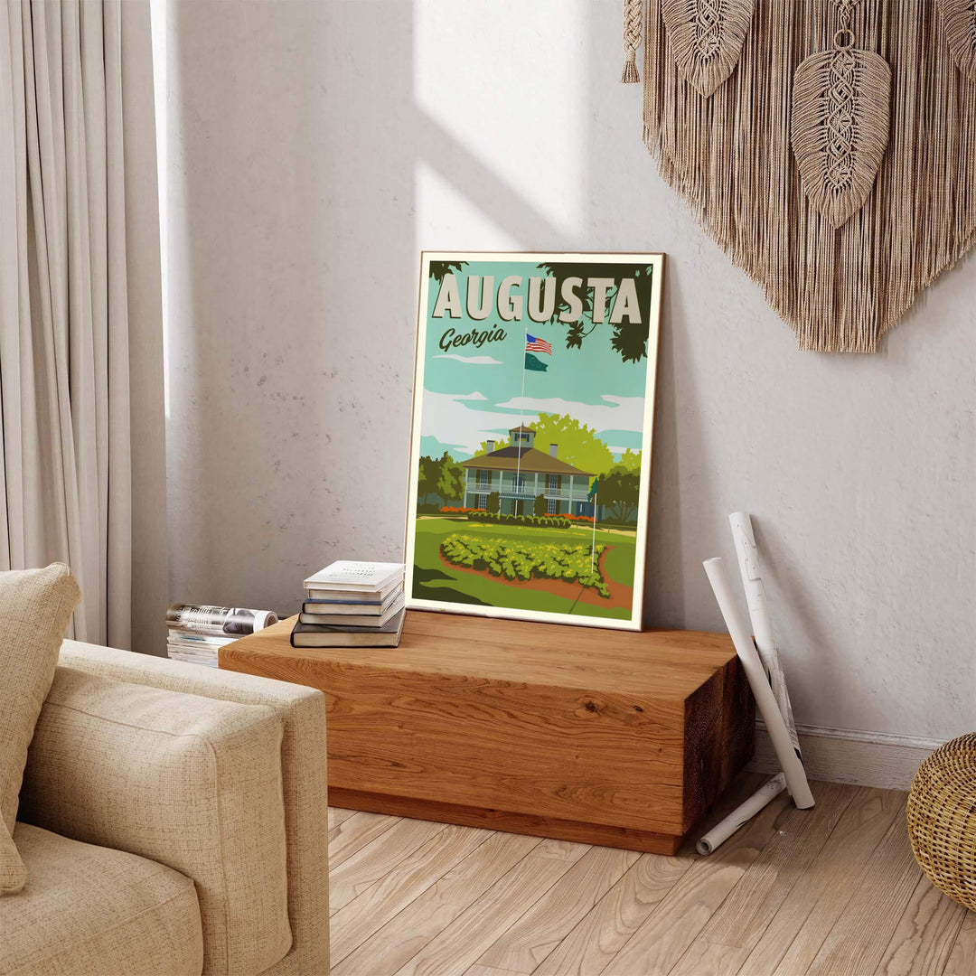 Augusta Georgia clubhouse art print featuring vibrant green fairways and the iconic central white cupola. Offered by MapYourDreams, this artwork is available in flexible options including unframed paper, custom wooden frames, and gallery canvas wraps for tailored home wall decor setups.