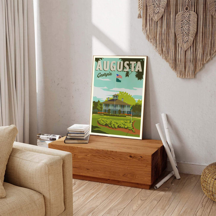 Augusta Georgia clubhouse art print featuring vibrant green fairways and the iconic central white cupola. Offered by MapYourDreams, this artwork is available in flexible options including unframed paper, custom wooden frames, and gallery canvas wraps for tailored home wall decor setups.