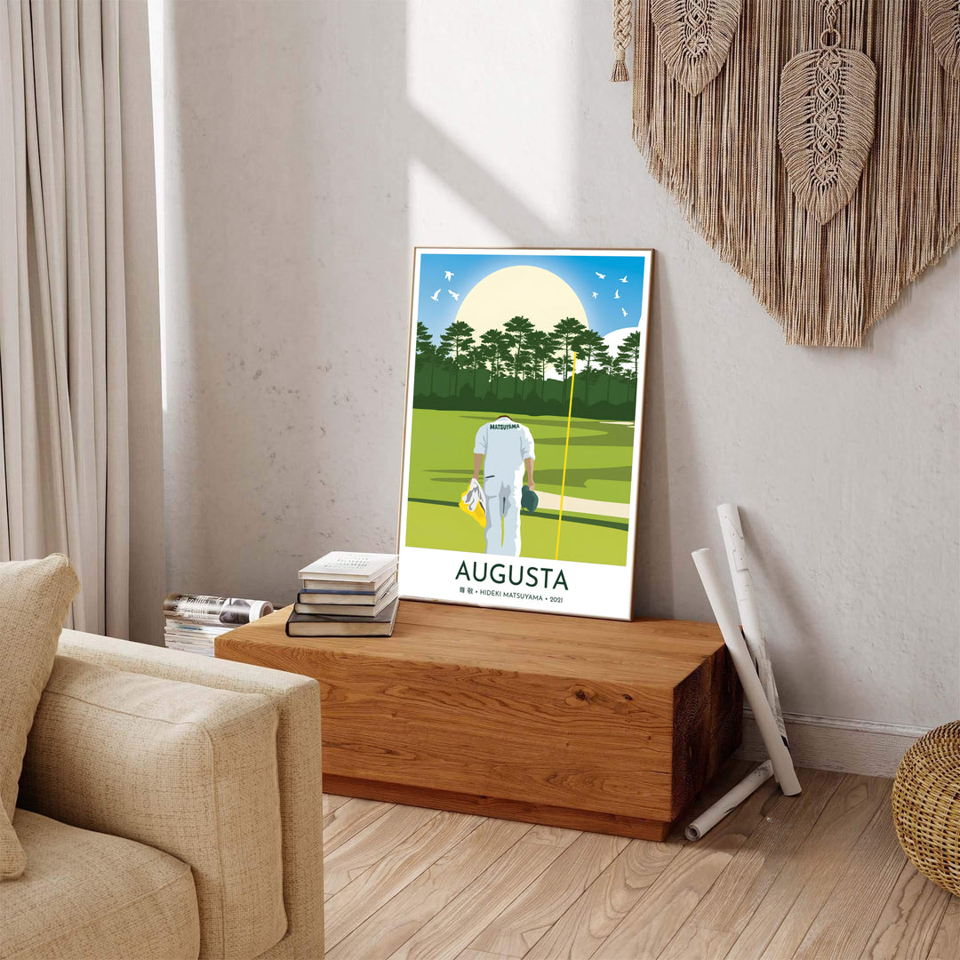 Augusta Georgia golf artwork capturing sportsmanship and honor with a caddie bowing on the green under tall pine tree silhouettes. Offered by MapYourDreams, this artwork is available in flexible options including unframed paper, custom wooden frames, and gallery canvas wraps for tailored home wall decor setups.