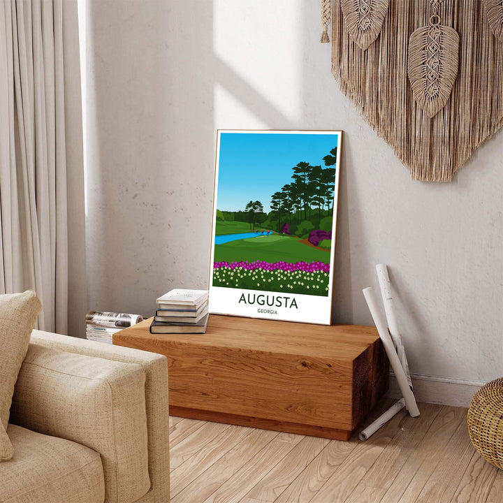High-contrast golf wall art vector print displaying bright blue sky, deep forest trees, and vibrant azaleas along Hole 12 in Augusta Georgia. Offered by MapYourDreams, this artwork is available in flexible options including unframed paper, custom wooden frames, and gallery canvas wraps for tailored home wall decor setups.