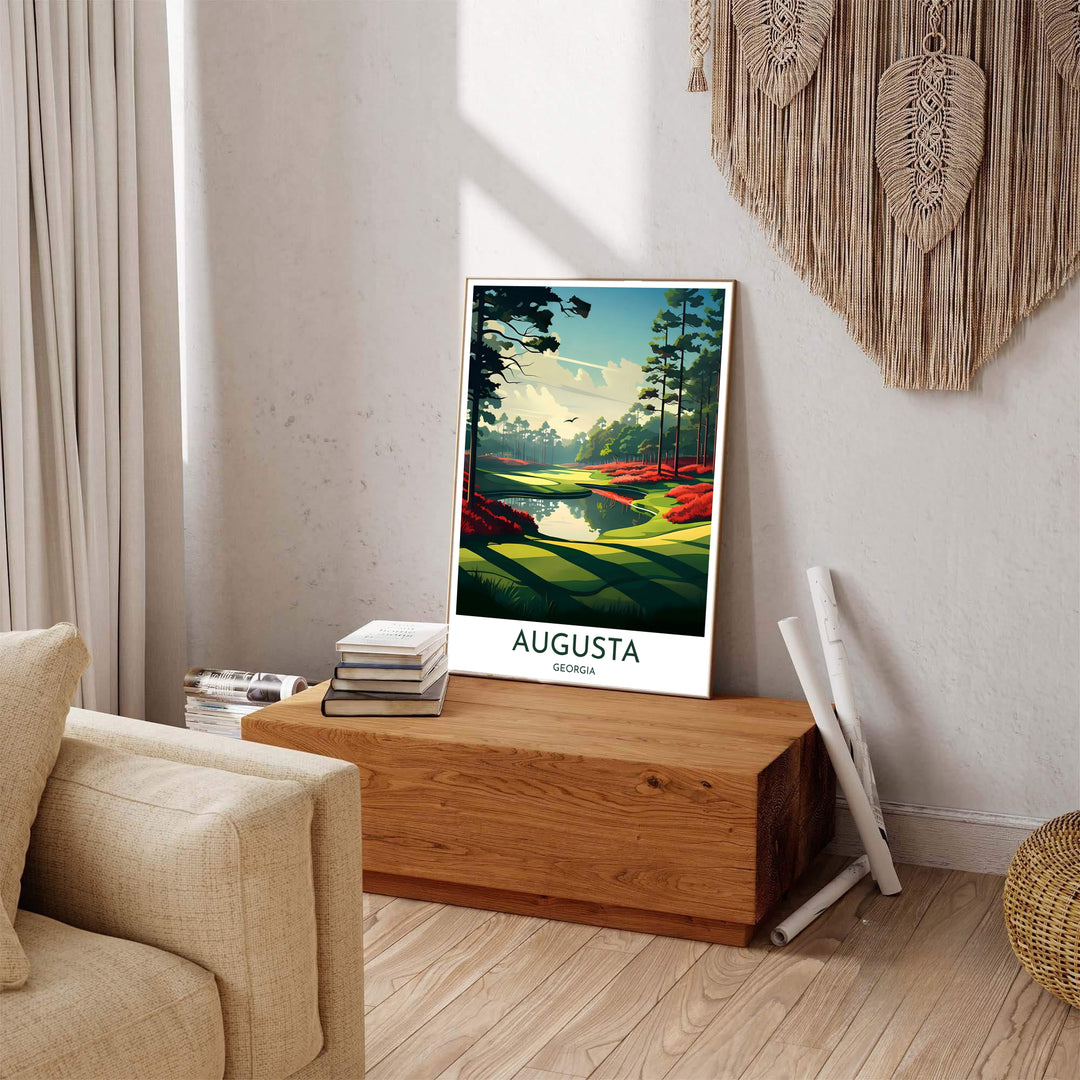 Augusta Georgia golf artwork capturing the dramatic quiet of Amen Corner with stylized tree silhouettes, serene water, and azaleas. Offered by MapYourDreams, this artwork is available in flexible options including unframed paper, custom wooden frames, and gallery canvas wraps for tailored home wall decor setups.