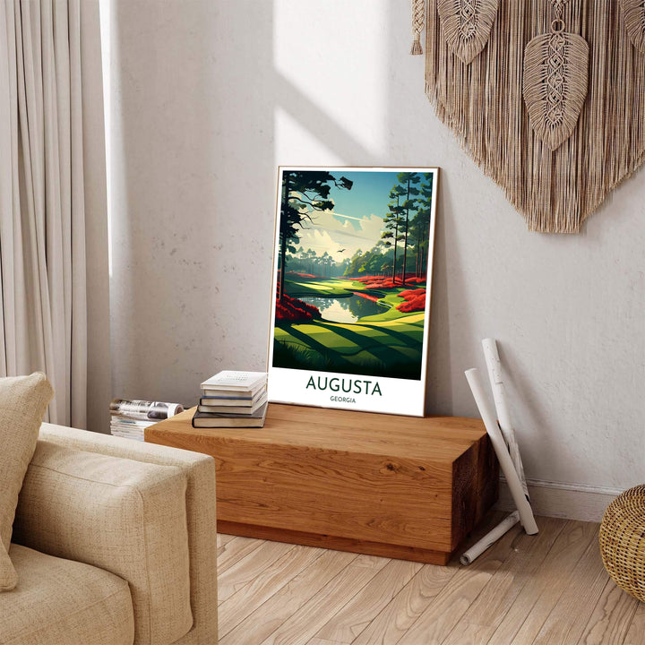 Augusta Georgia golf artwork capturing the dramatic quiet of Amen Corner with stylized tree silhouettes, serene water, and azaleas. Offered by MapYourDreams, this artwork is available in flexible options including unframed paper, custom wooden frames, and gallery canvas wraps for tailored home wall decor setups.