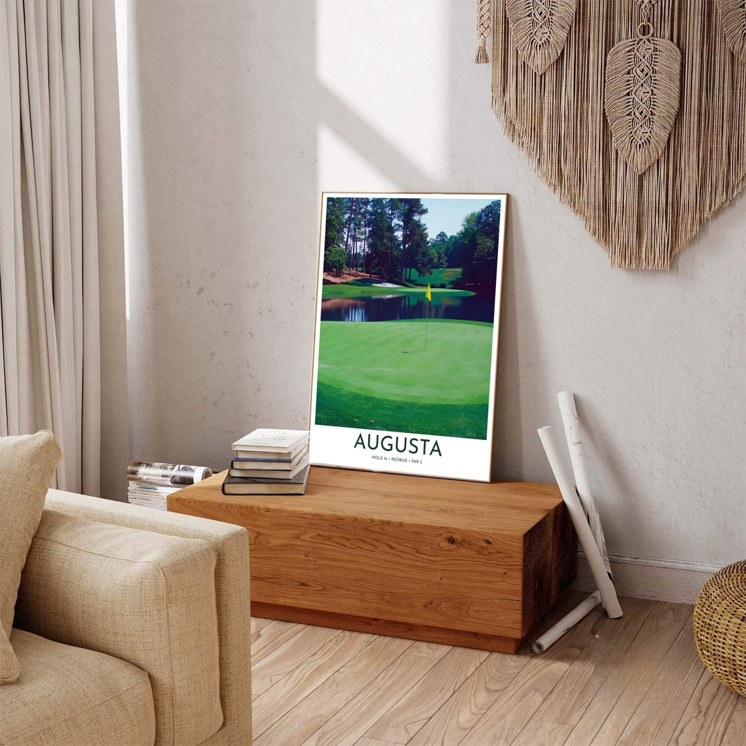 Augusta Georgia golf photo artwork capturing the quiet intensity of Hole 16 Redbud with realistic grass textures, dark reflections, and bright yellow flag. Offered by MapYourDreams, this artwork is available in flexible options including unframed paper, custom wooden frames, and gallery canvas wraps for tailored home wall decor setups.