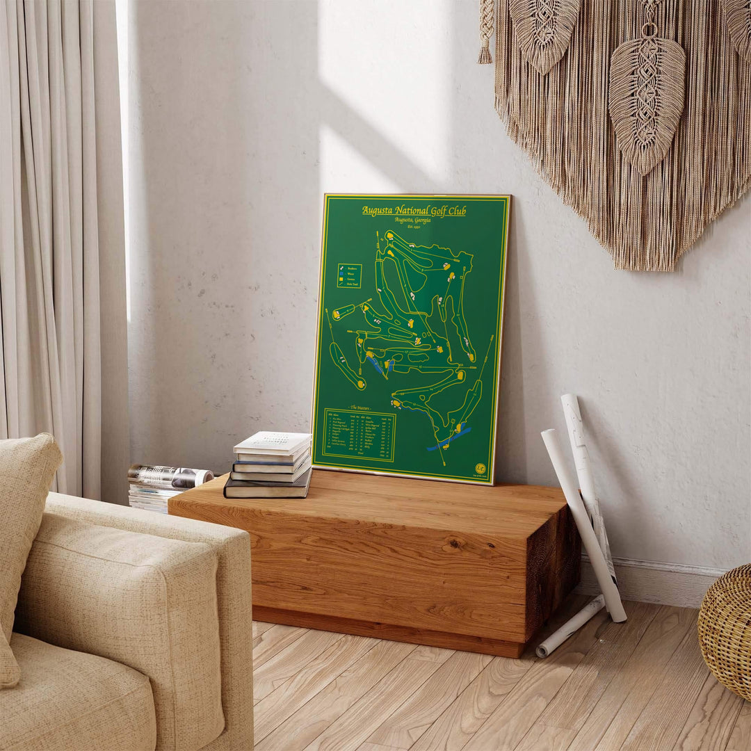 Fine art map print of Augusta Georgia showing the entire course routing, water hazard streams, and scorecard details within a double gold border. Offered by MapYourDreams, this artwork is available in flexible options including unframed paper, custom wooden frames, and gallery canvas wraps for tailored home wall decor setups.