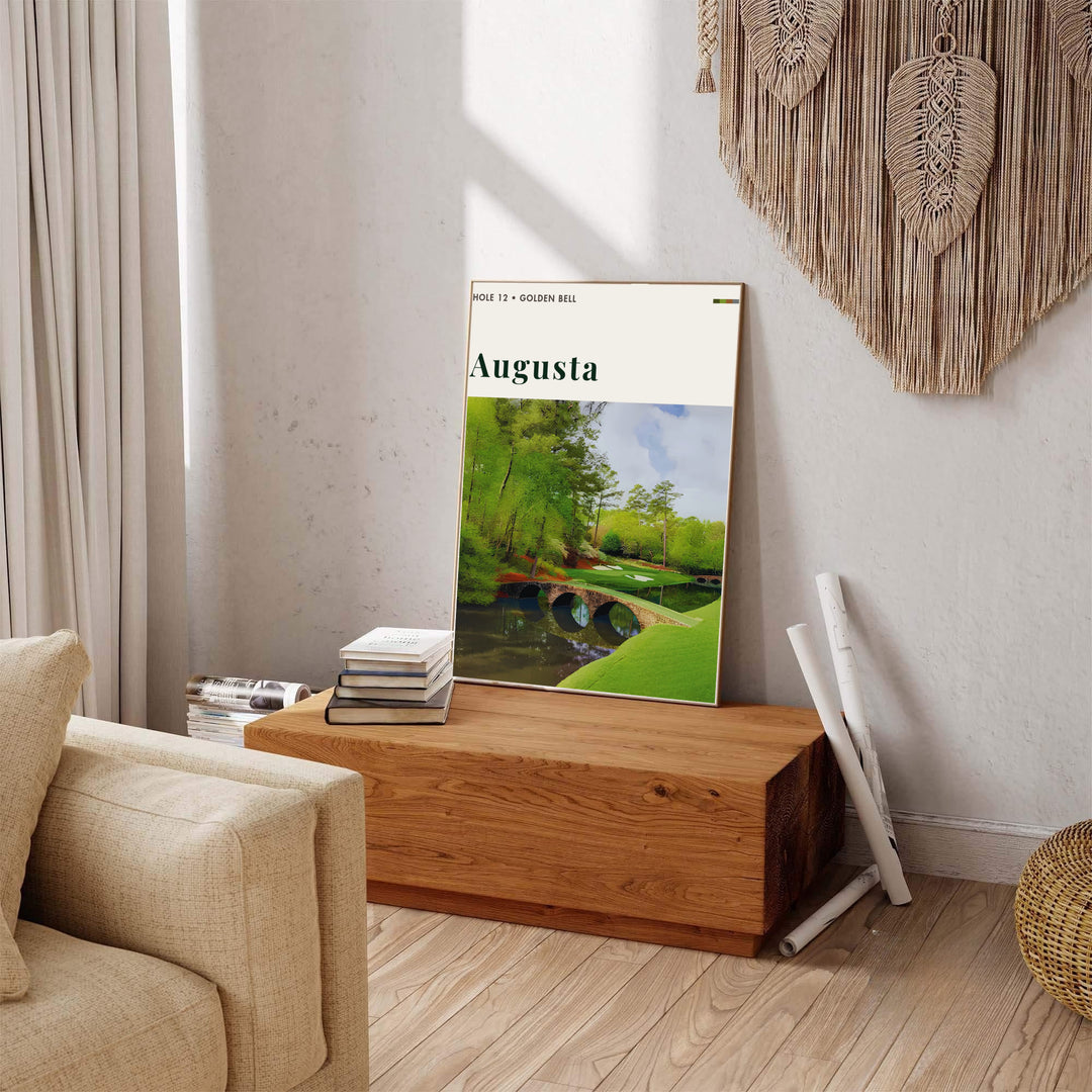 Augusta Georgia golf photo artwork capturing the quiet majesty of Amen Corner with realistic turf slopes, stone bridges, and serene creek waters. Offered by MapYourDreams, this artwork is available in flexible options including unframed paper, custom wooden frames, and gallery canvas wraps for tailored home wall decor setups.
