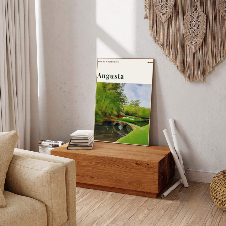 Augusta Georgia golf photo artwork capturing the quiet majesty of Amen Corner with realistic turf slopes, stone bridges, and serene creek waters. Offered by MapYourDreams, this artwork is available in flexible options including unframed paper, custom wooden frames, and gallery canvas wraps for tailored home wall decor setups.