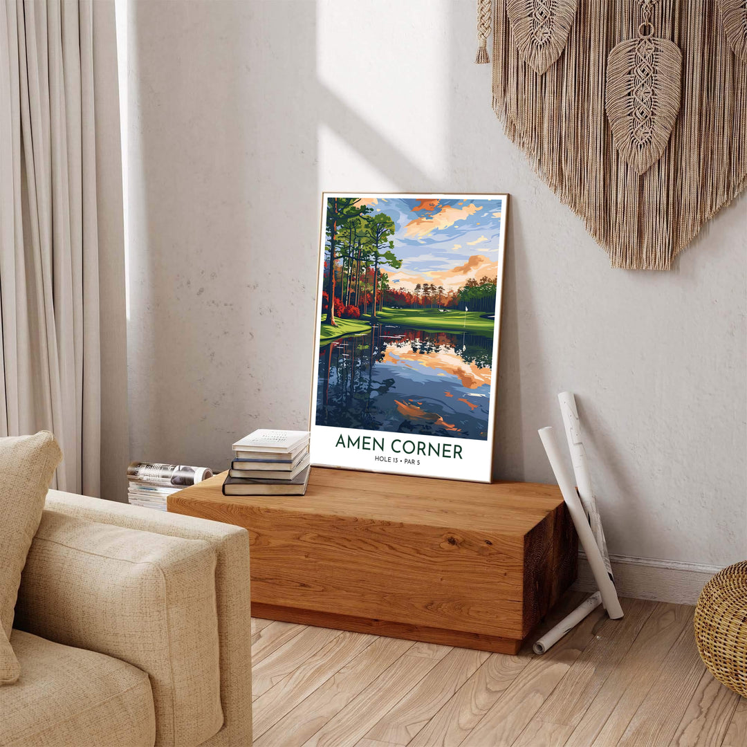 Augusta Georgia golf print capturing the tranquil sunset atmosphere of Hole 13 Azalea with vivid foliage colors and clean line art detailing. Offered by MapYourDreams, this artwork is available in flexible options including unframed paper, custom wooden frames, and gallery canvas wraps for tailored home wall decor setups.