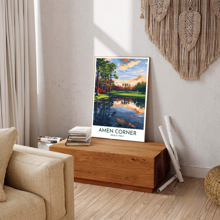 Augusta Georgia golf print capturing the tranquil sunset atmosphere of Hole 13 Azalea with vivid foliage colors and clean line art detailing. Offered by MapYourDreams, this artwork is available in flexible options including unframed paper, custom wooden frames, and gallery canvas wraps for tailored home wall decor setups.