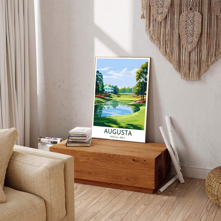 Augusta Georgia golf print capturing the dramatic atmosphere of Hole 16 Redbud with pristine water, white sand, and white flagstick. Offered by MapYourDreams, this artwork is available in flexible options including unframed paper, custom wooden frames, and gallery canvas wraps for tailored home wall decor setups.