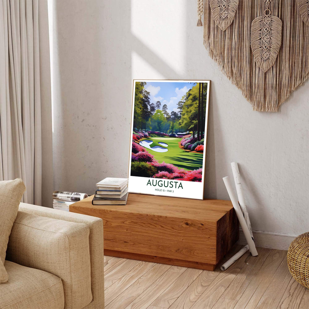 Augusta Georgia golf print capturing the heart of Amen Corner with pristine white sand, vivid azalea flora, and legendary green contours. Offered by MapYourDreams, this artwork is available in flexible options including unframed paper, custom wooden frames, and gallery canvas wraps for tailored home wall decor setups.