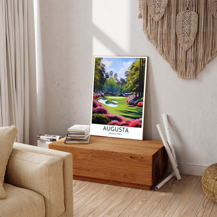 Augusta Georgia golf print capturing the heart of Amen Corner with pristine white sand, vivid azalea flora, and legendary green contours. Offered by MapYourDreams, this artwork is available in flexible options including unframed paper, custom wooden frames, and gallery canvas wraps for tailored home wall decor setups.